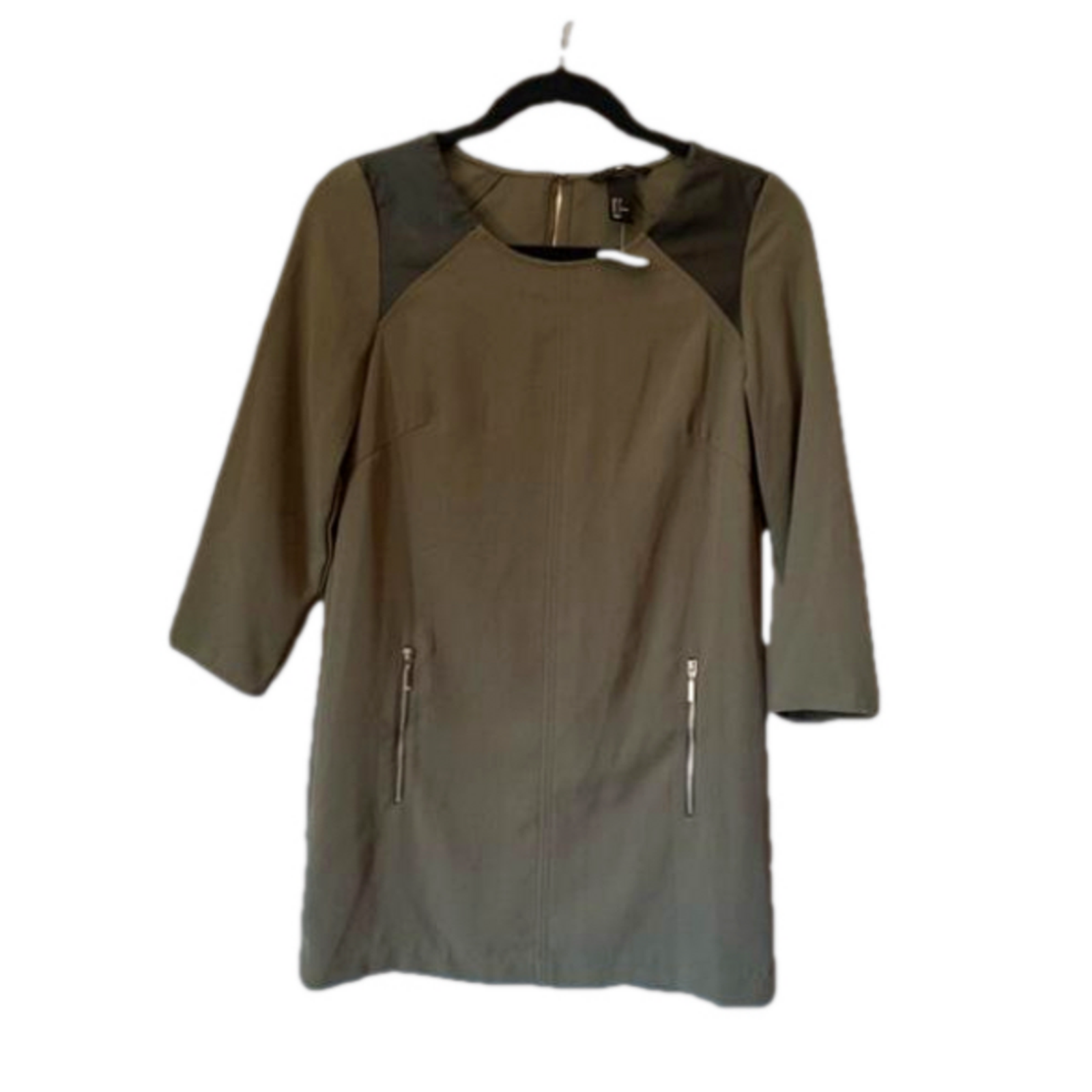 H&M Nwt Women's 6 Faux Leather & Olive Green 3/4 Sleeve Sexy Chic Mini Dress